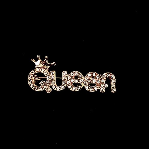 🧷QUEEN Gold Tone Sparkly Brooch/Pin - Picture 1 of 4